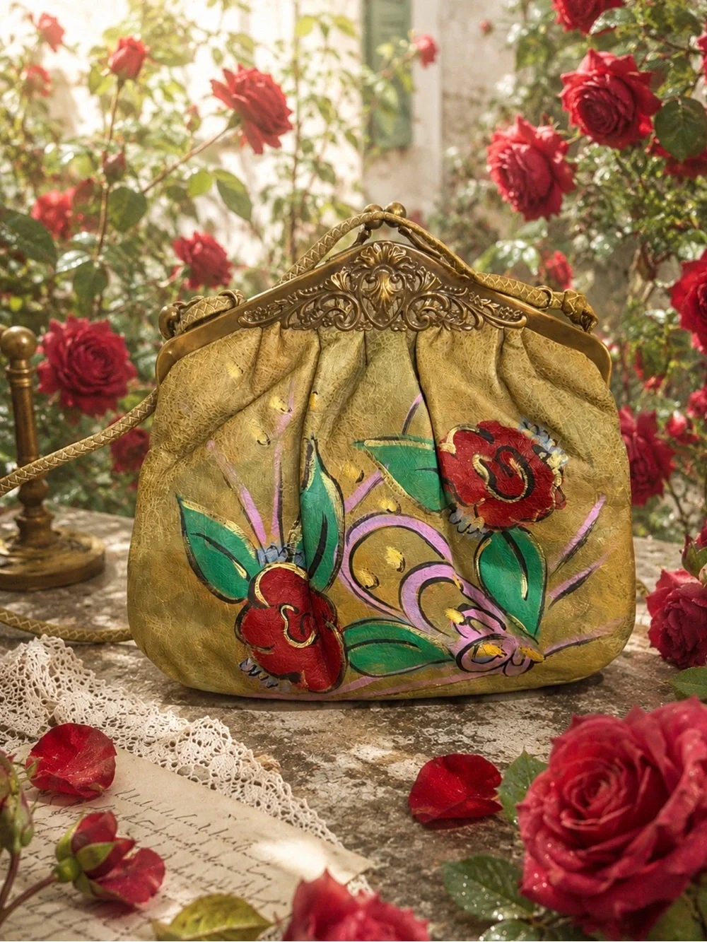 Source Unknown Hand-Painted Clutch / crossbody bag with Red & Green Accents